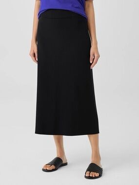 EILEEN FISHER - Stretch Jersey Knit Pull On Midi A-Line Skirt - Black - XL